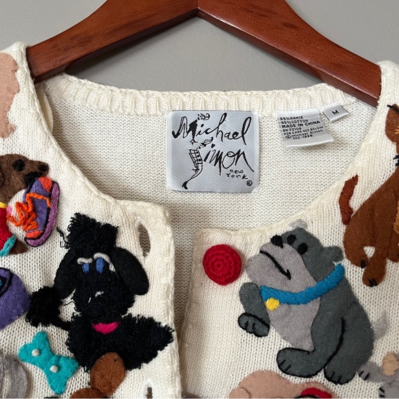 Vintage Michael Simon Dog Cardigan Sweater M Novelty Appliqué Grandmacore - Picture 2 of 12